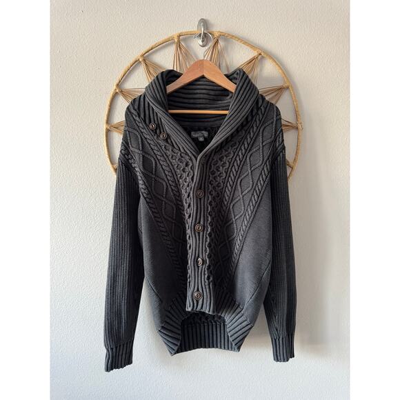 LL Bean Mens Signature Fisherman Cable Knit Sweater Cardigan Charcoal Gray MED - Picture 2 of 16
